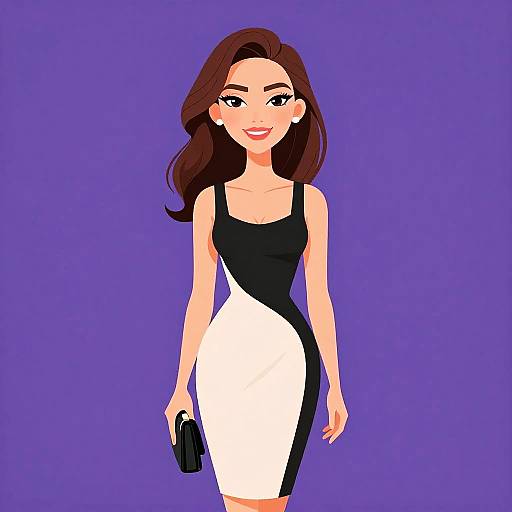 Digital illustration of a smiling woman with long brown hair, wearing a black and white form-fitting dress, holding a black clutch, against a solid purple
