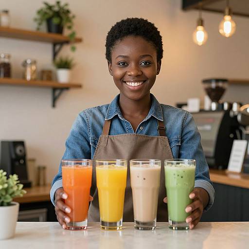 Photograph of smiling Black barista with short curly hair, wearing denim shirt and brown apron, holding four colorful smoothies on a marble counter in