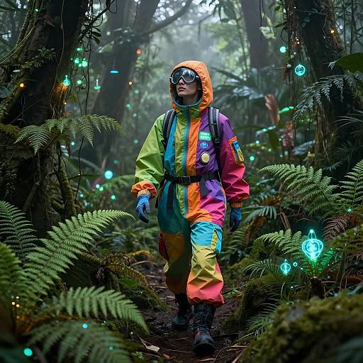 Photograph of a person in a colorful, neon-hooded jumpsuit, blue gloves, and goggles, walking through a glowing, fern-filled forest