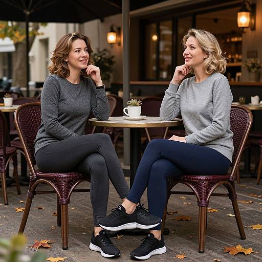 Photograph of two smiling women with wavy hair, wearing gray sweaters and black pants, seated at an outdoor café, chatting over coffee.