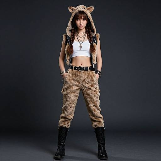 Photograph of a young woman in a white crop top, furry animal hood with ears, and tiger-striped pants, standing confidently against a dark background.