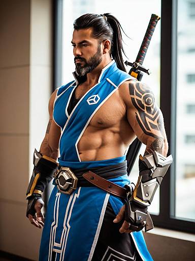 Lifestyle costume photo of Hanzo (overwatch). Cosplay clothes