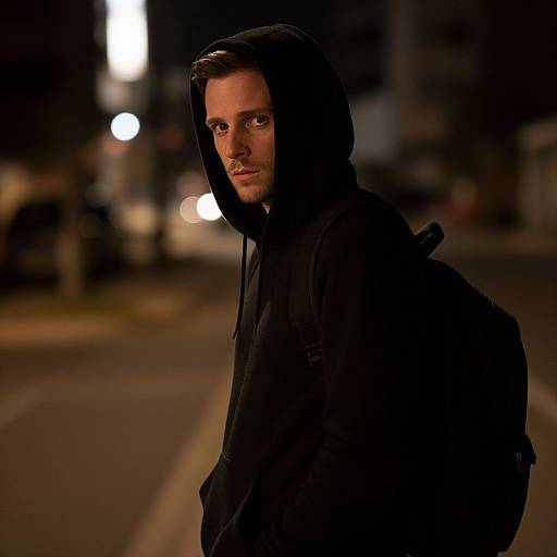 Photograph of a serious, young Caucasian man with short brown hair, wearing a black hoodie and backpack, standing on a dimly lit, nighttime city