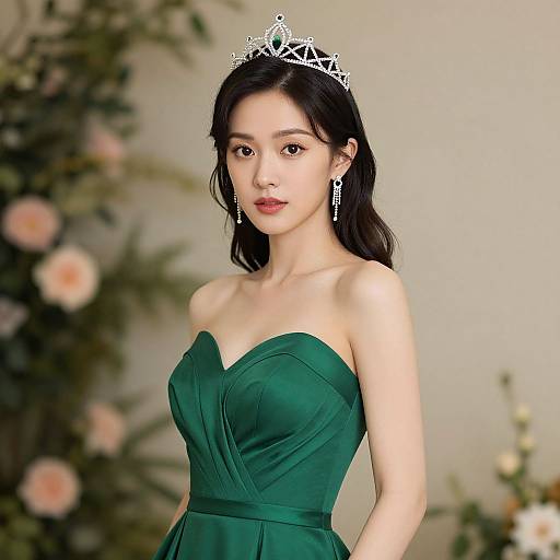 Photograph of an Asian woman with long black hair, wearing a green strapless gown, silver tiara, and earrings, standing against a blurred floral