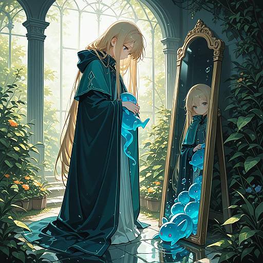 Girl with Blue Creature in Garden Reflection