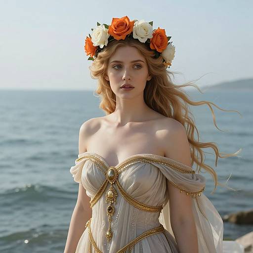 Photograph of a fair-skinned, blonde woman with flowing hair, wearing an off-shoulder, beige gown adorned with gold trim, and an