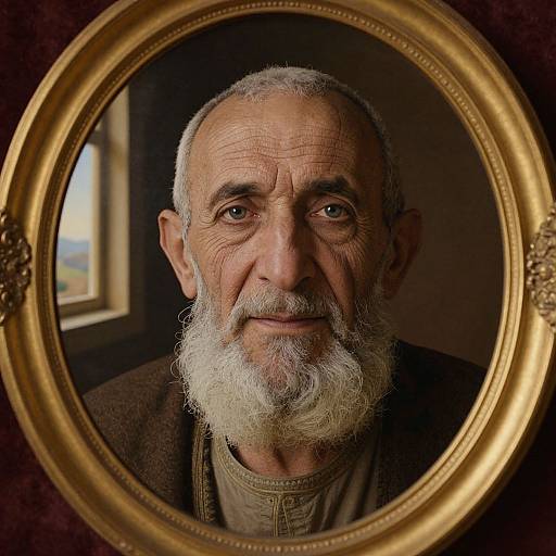 Photograph of an elderly man with a white beard and mustache, framed in a gold oval mirror, looking directly at the camera, with a window