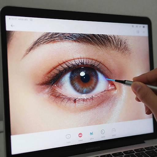 Photograph of a hand using a digital pen to edit a close-up of a brown-eyed human eye on a laptop screen.
