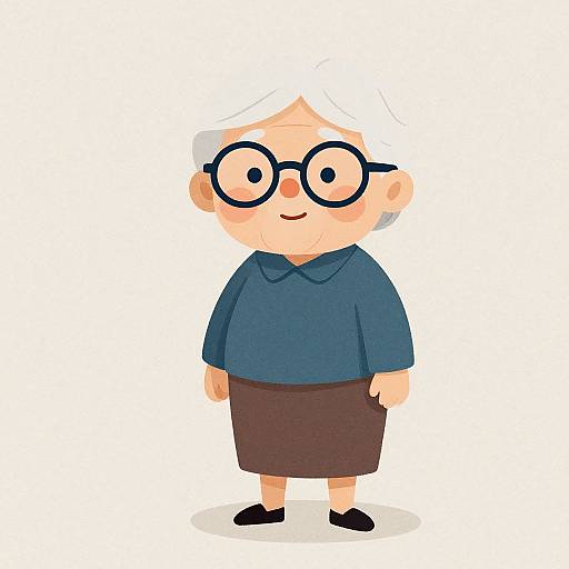 Cartoon-style elderly man with white hair, round black glasses, blue long-sleeve shirt, brown skirt, black shoes, standing against white background