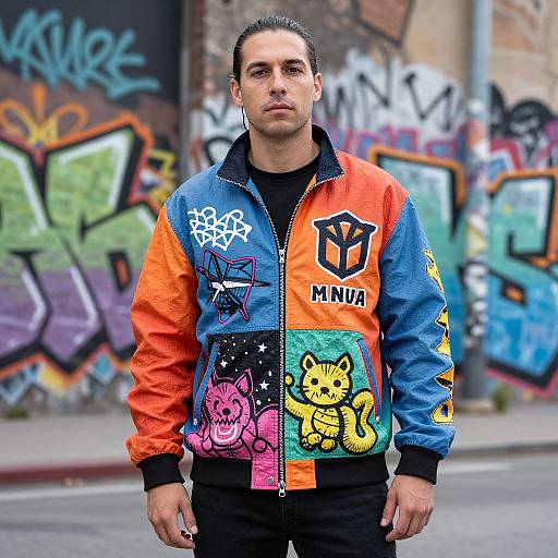 Photograph of a man with dark hair, wearing a vibrant, graffiti-decorated jacket (orange, blue, purple), standing in front of a