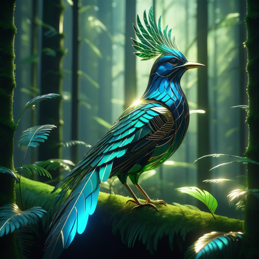 Futuristic Bioengineered Bird in Serene Forest