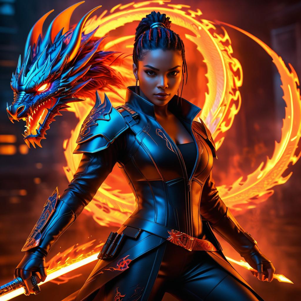 Cyberpunk Heroine Confronts Fiery Dragon