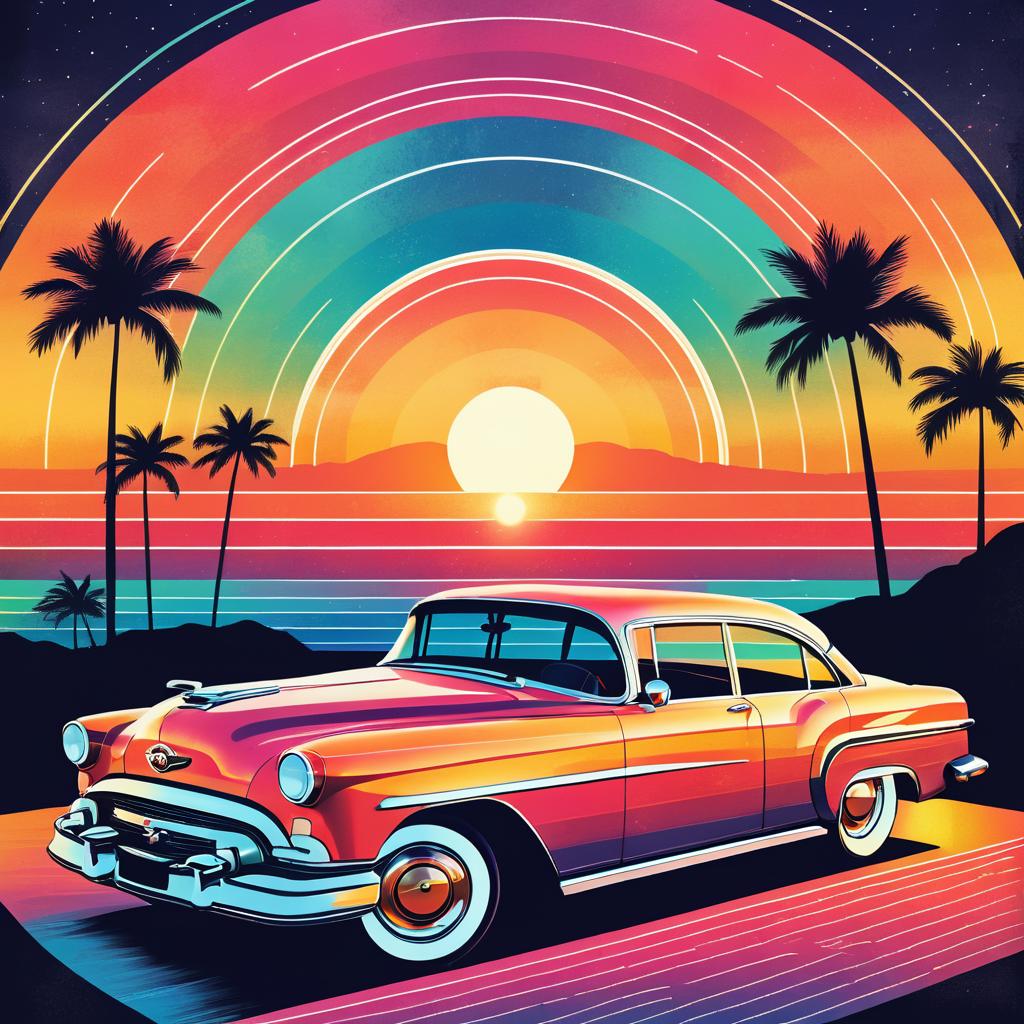 Vintage Car Retro Sunset Artwork