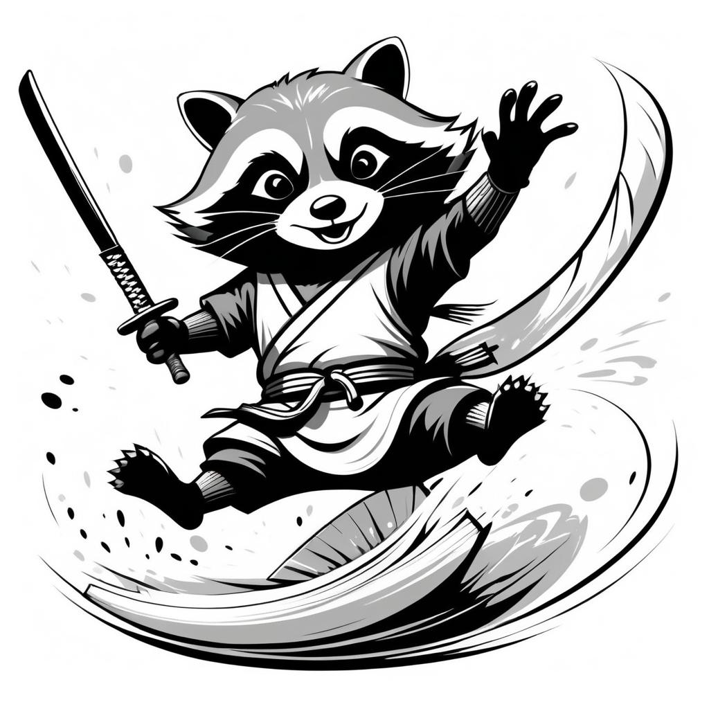 Ninja Raccoon Battling Flying Sushi