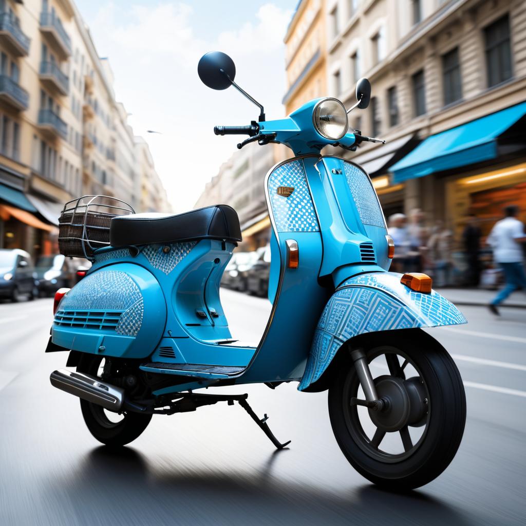 Sky Blue Moped Racing Through City