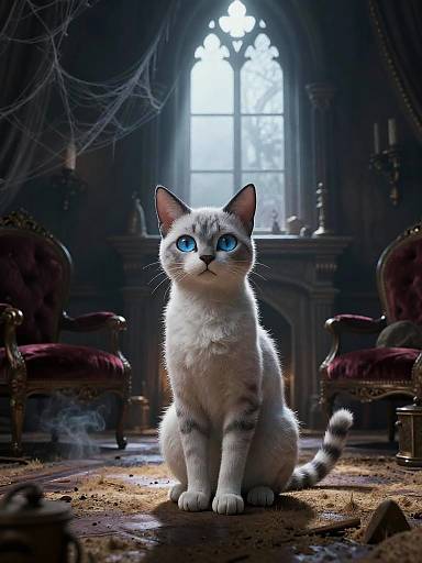 Digital artwork of a white cat with glowing blue eyes sitting in a dimly lit, gothic room with arched window, red velvet chairs, spider