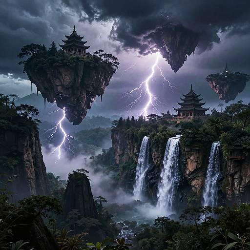 Fantastical digital artwork of floating Asian-style pagodas amidst stormy skies, lightning bolts, and cascading waterfalls amidst lush, misty