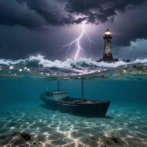 Photograph of a stormy seascape with a lighthouse illuminated by lightning, shipwreck underwater, and waves crashing, showcasing dramatic lightning, dark