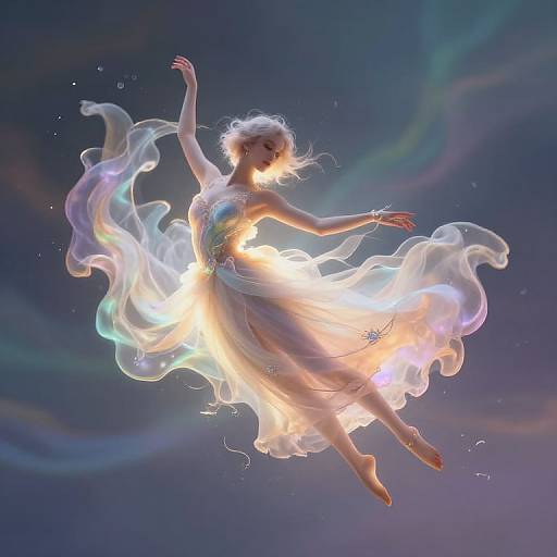 Digital artwork of a glowing, ethereal woman with white hair and flowing dress, illuminated by radiant light, floating against a dark, multicolored cosmic