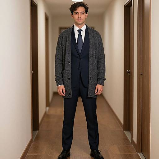 Man in Suit and Cardigan Outfit