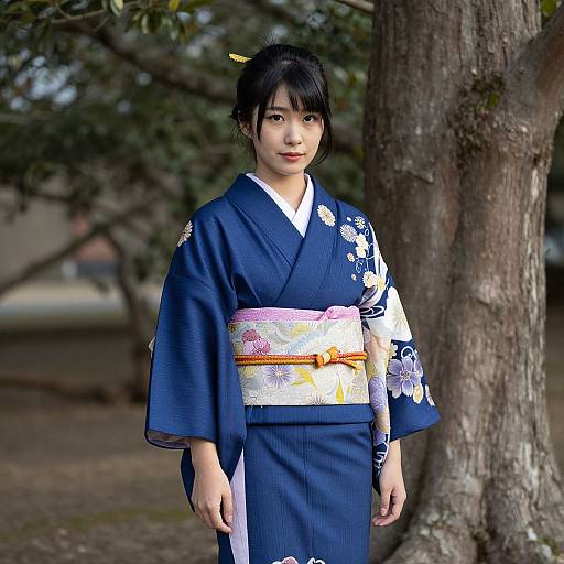 Photograph of a young Asian woman in a blue floral kimono with a white and pink obi, standing beside a tree in a serene outdoor setting