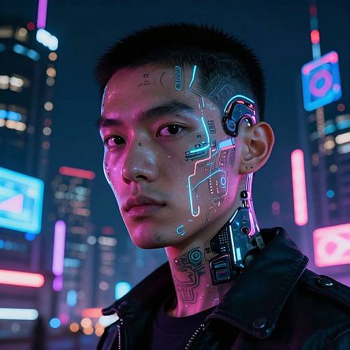 Cyberpunk portrait of an Asian man with glowing neon circuit patterns on his face and neck in a neon-lit cityscape.