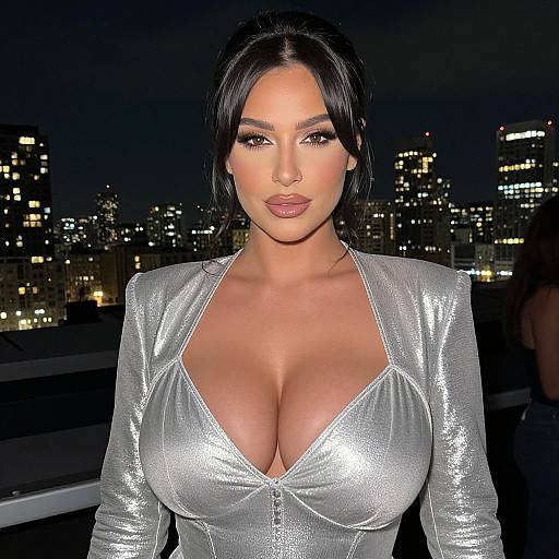 Photograph of Kim Kardashian with large breasts in a sparkly silver, deep V-neck top, standing on a rooftop at night, city skyline with lit