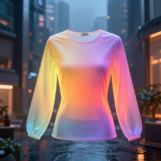 Photograph of a glowing, rainbow-colored, long-sleeved shirt displayed in a rainy urban alley at dusk, with blurred city lights in the background