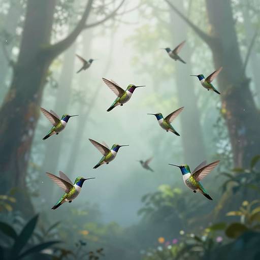 Iridescent Hummingbirds in Misty Forest