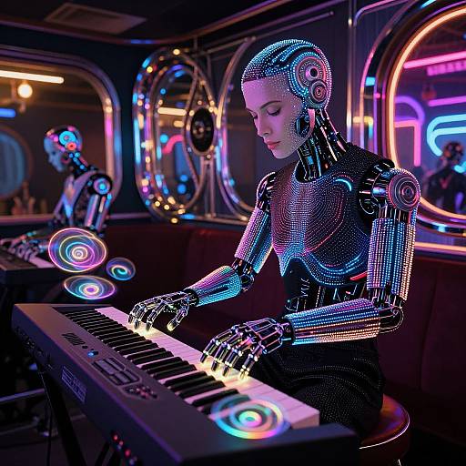 Neon-lit cyberpunk scene: futuristic female robot with glowing blue and pink accents plays keyboard, holographic orbs floating, another robot in background.