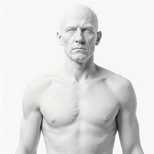 High-contrast black-and-white photograph of a bald, muscular, shirtless man with water droplets on his chest, gazing upward against a white