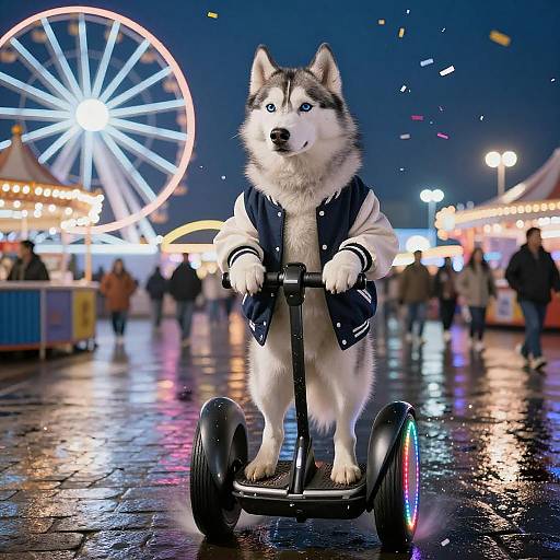 Siberian Husky Riding Segway at Night Fairground