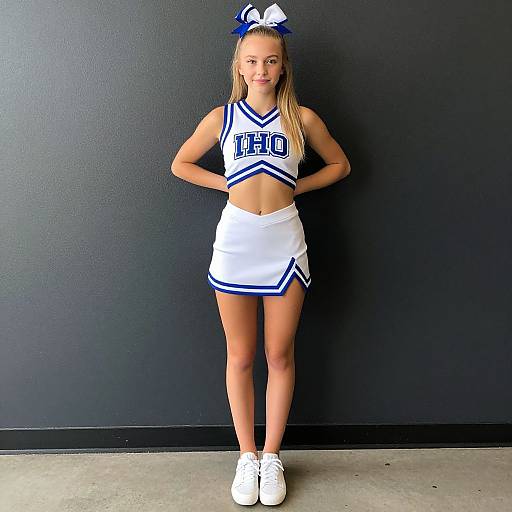 Photograph of a blonde cheerleader with a fit physique, wearing a blue and white crop top, skirt, and white sneakers, standing against a dark