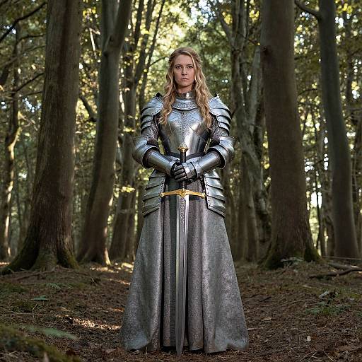 Photograph of a blonde woman in full silver medieval armor, standing in a sunlit forest, holding a sword with both hands.