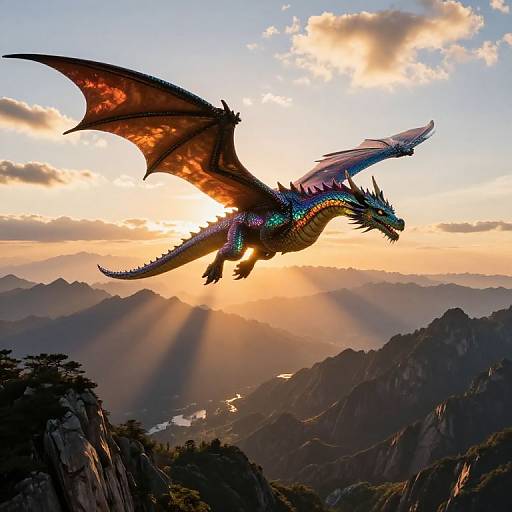 A vividly colored, winged dragon soars over a mountainous landscape at sunset, with sun rays piercing the clouds and illuminating the rocky peaks