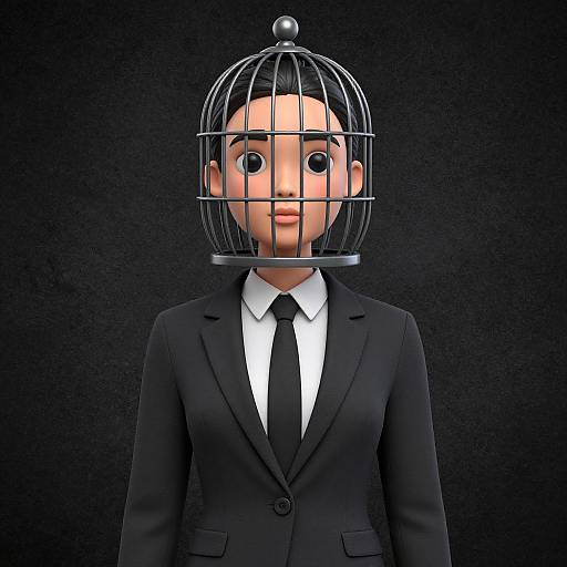 CGI image of a person in a black suit and tie, with a birdcage over their head, set against a dark background.