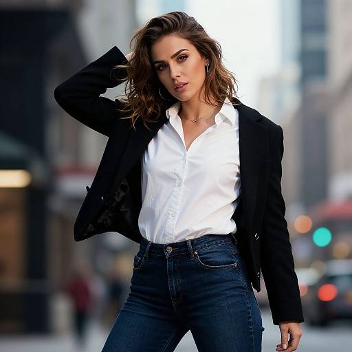 Photograph of a confident brunette woman with wavy hair, wearing a white button-up shirt, black blazer, and high-waisted jeans,