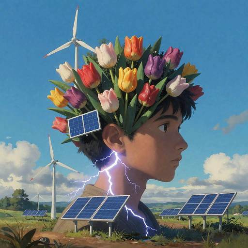 Digital artwork of a young boy with a colorful tulip crown, solar panels on his head and neck, lightning bolt, wind turbines in a sunny,