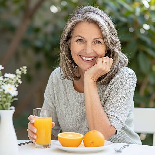 Photograph of smiling middle-aged woman with shoulder-length gray hair, wearing a light gray sweater, holding orange juice, with oranges and flowers on a garden