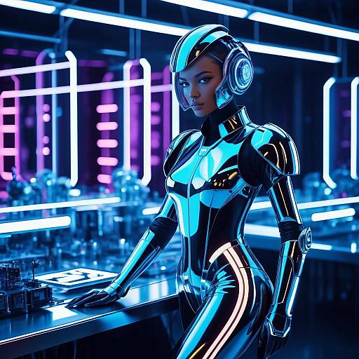 Futuristic Female Robot in High-Tech Laboratory