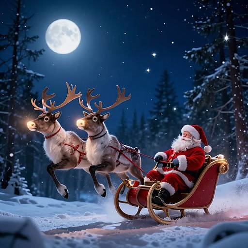 Photograph of Santa Claus in a red sleigh with glowing reindeer antlers, flying through a snowy forest under a full moon.