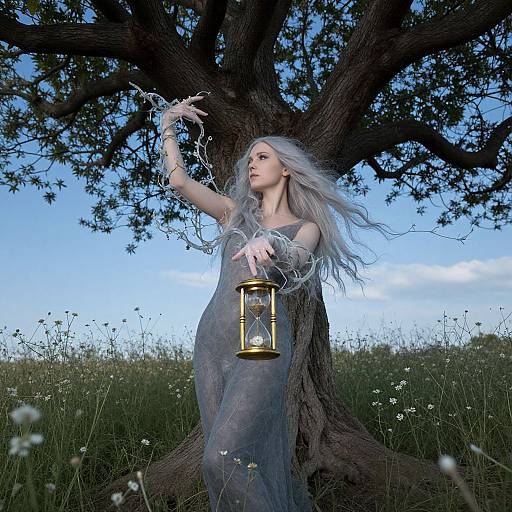 Photograph of a pale-skinned, silver-haired woman in a flowing gray dress, standing before a large tree, holding a glowing lantern, surrounded by