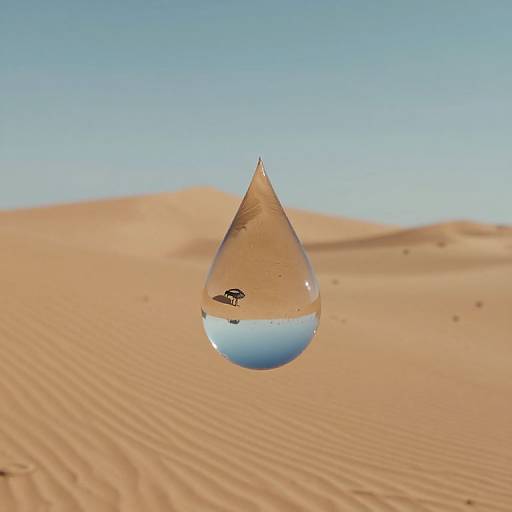 Photograph of a single, clear water droplet with a blue reflection, suspended in mid-air over a desert with rippled sand dunes under a