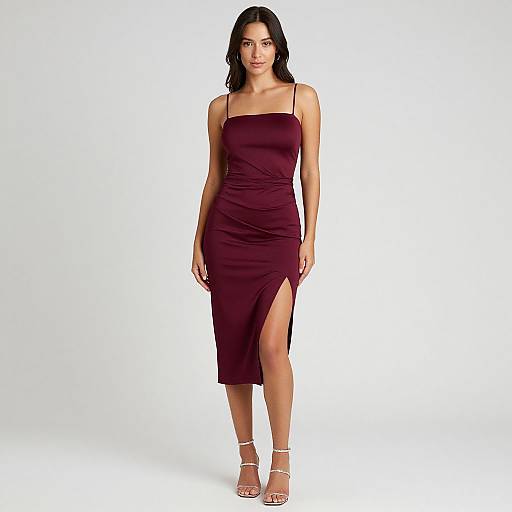 Photograph of a young woman with long black hair, wearing a fitted, strapless burgundy dress with a thigh-high slit, and white sandals,
