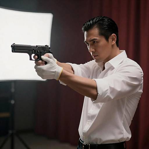 Man aiming handgun indoors