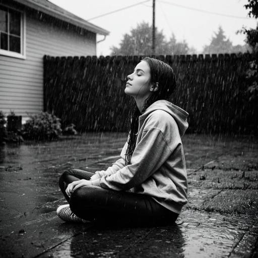 Teenage Girl Sitting in Rain in Backyard