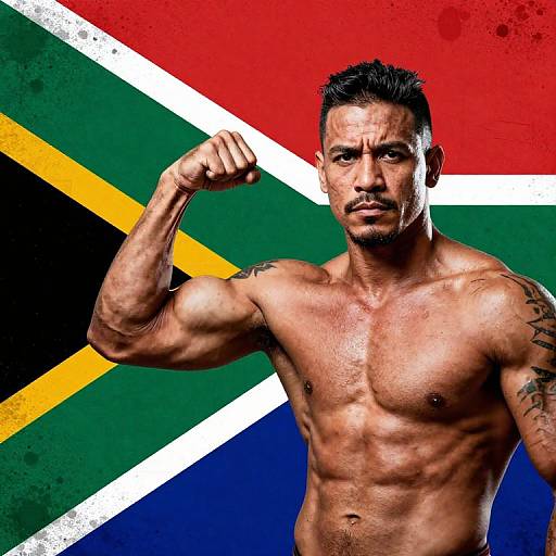 Muscular, shirtless man with tattoos, flexing arm, against vibrant Jamaica flag background. Photograph with high contrast, intense lighting.