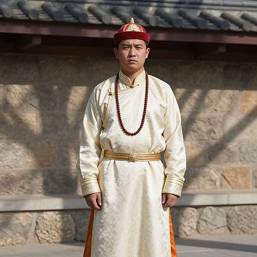 Photograph of a solemn East Asian man in traditional white silk robe, red hat, and black bead necklace, standing in front of a stone wall with