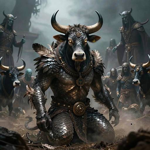 Digital artwork of a muscular, armored minotaur warrior with glowing yellow eyes, kneeling in a foggy battlefield surrounded by other minotaur soldiers.