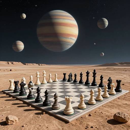 CGI image of a chessboard with black and white pieces on a desert planet, featuring a starry sky with colorful gas giants and moons in the